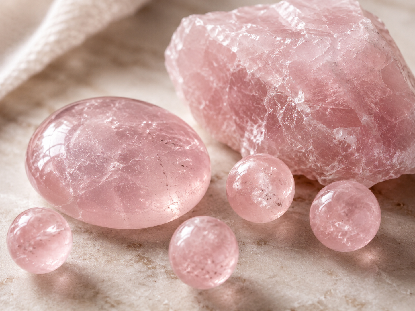Bloc brut et galets de quartz rose montrant inclusions, fissures et zones laiteuses