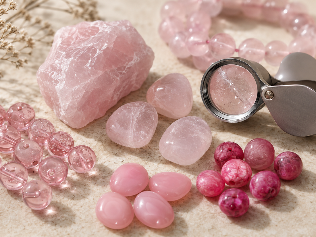 Quartz rose brut, galets et perles roses comparés à la loupe