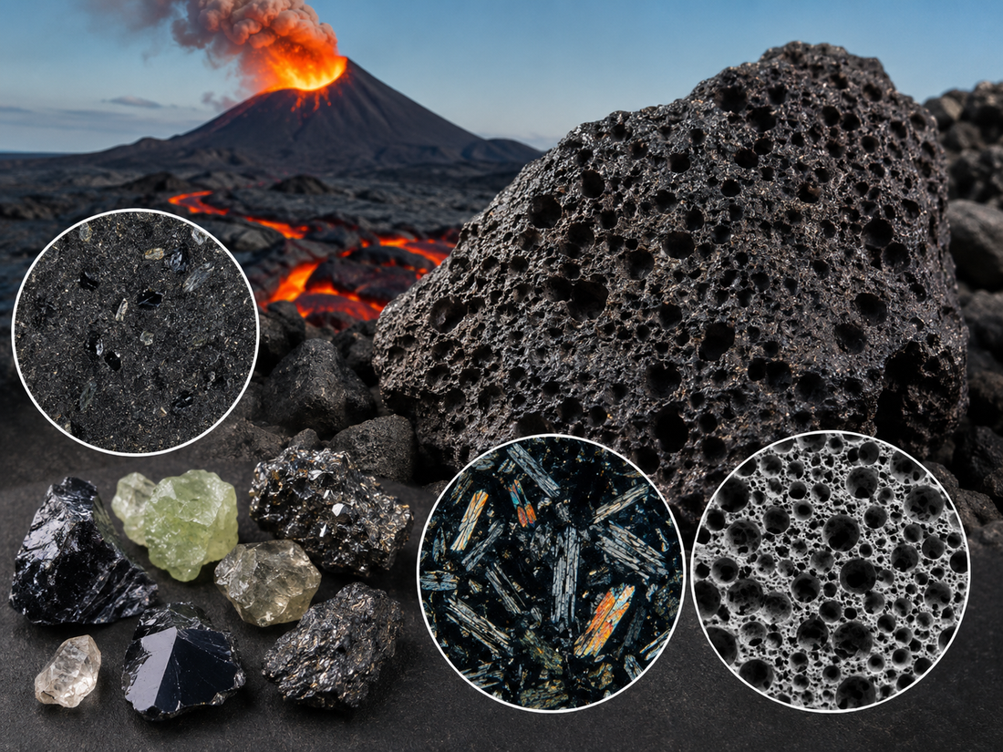 Basalte dense et roche volcanique poreuse montrant la structure de la pierre de lave