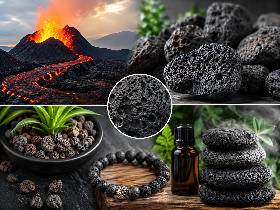 Pierre de lave brute et perles noires illustrant la texture poreuse et les usages en bijouterie