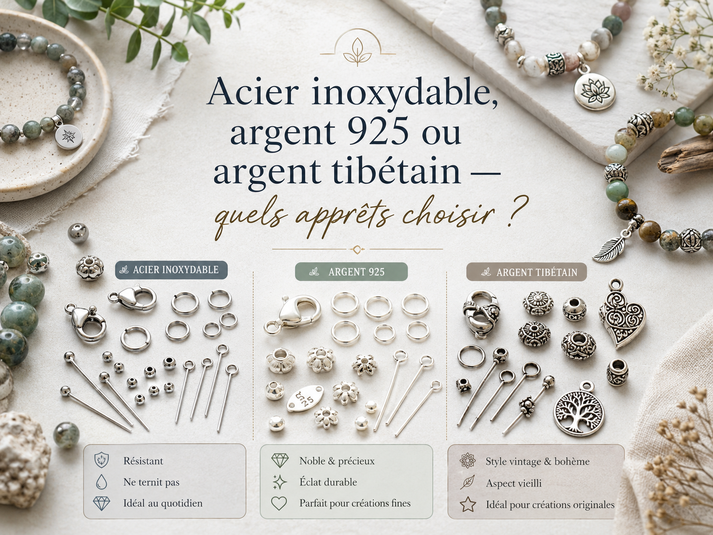 Acier inoxydable, argent 925 ou argent tibétain — quels apprêts choisir ?