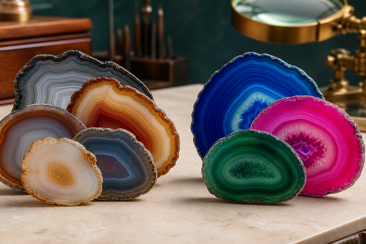 Agates naturelles aux tons terreux comparées à des agates teintées bleu, rose et vert très vifs