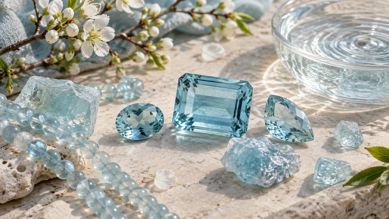 Cristaux et perles bleu pâle d’aigue-marine