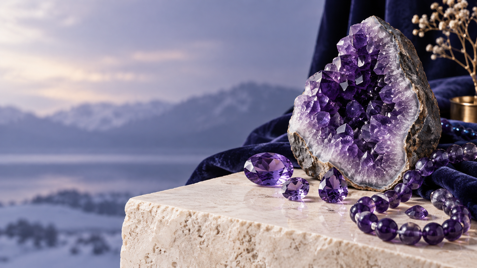 Géode, gemmes facettées et perles rondes en améthyste violette