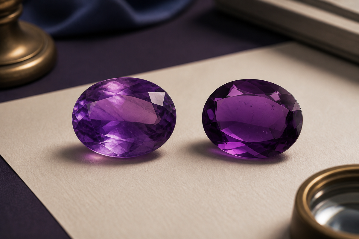 Améthyste naturelle présentant des zones violettes comparée à une imitation en verre violet uniforme
