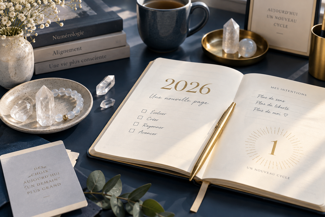 Carnet 2026, cristal de roche et chiffre 1 pour illustrer l’année personnelle en numérologie