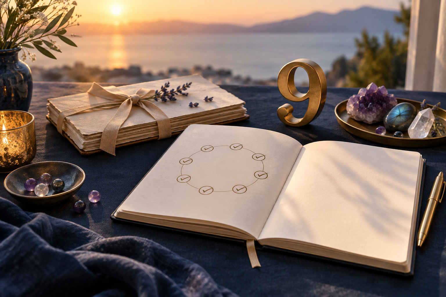 Carnet de bilan et chiffre 9 au coucher du soleil pour illustrer une fin de cycle