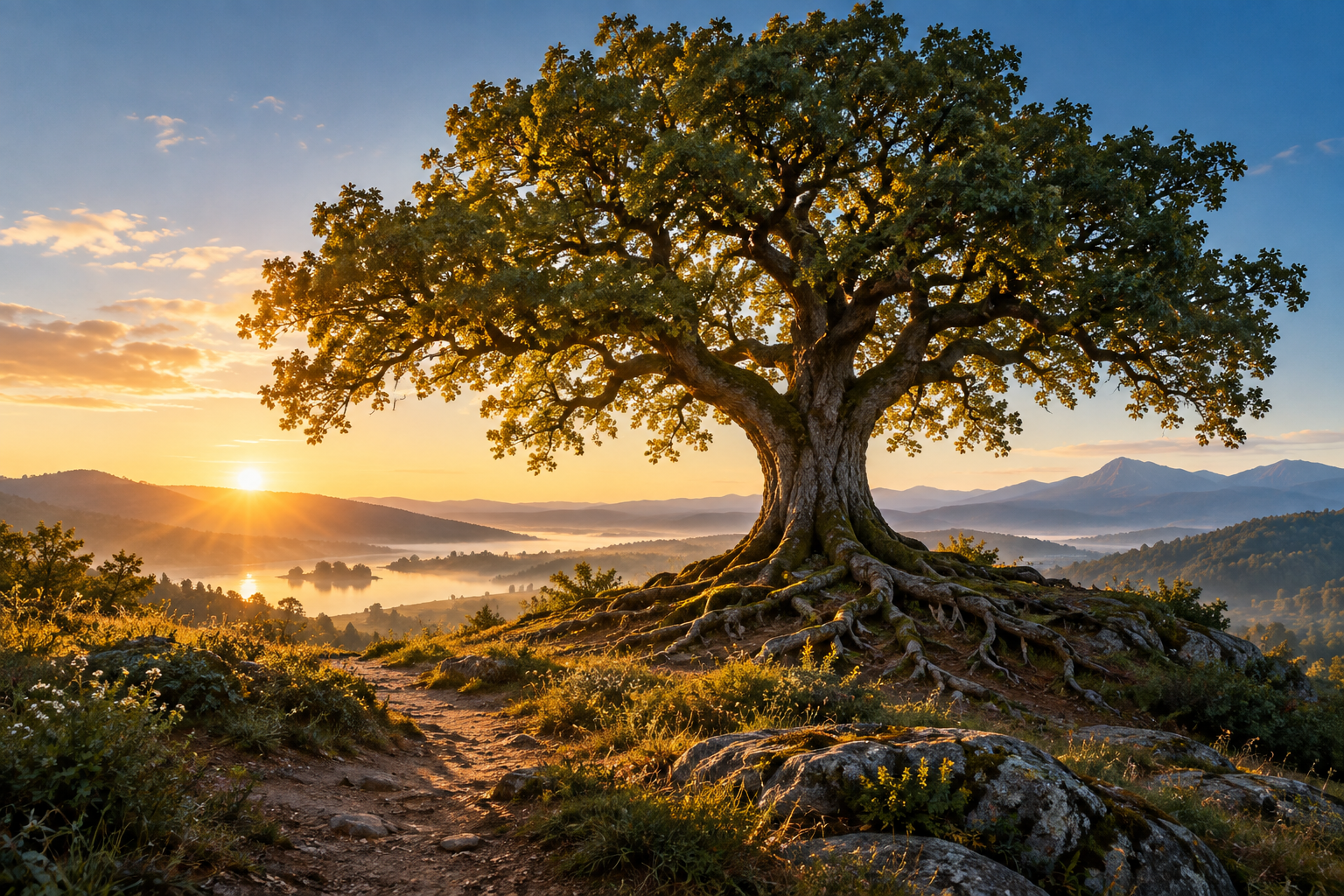 Grand arbre ancien aux racines visibles éclairé par le soleil levant