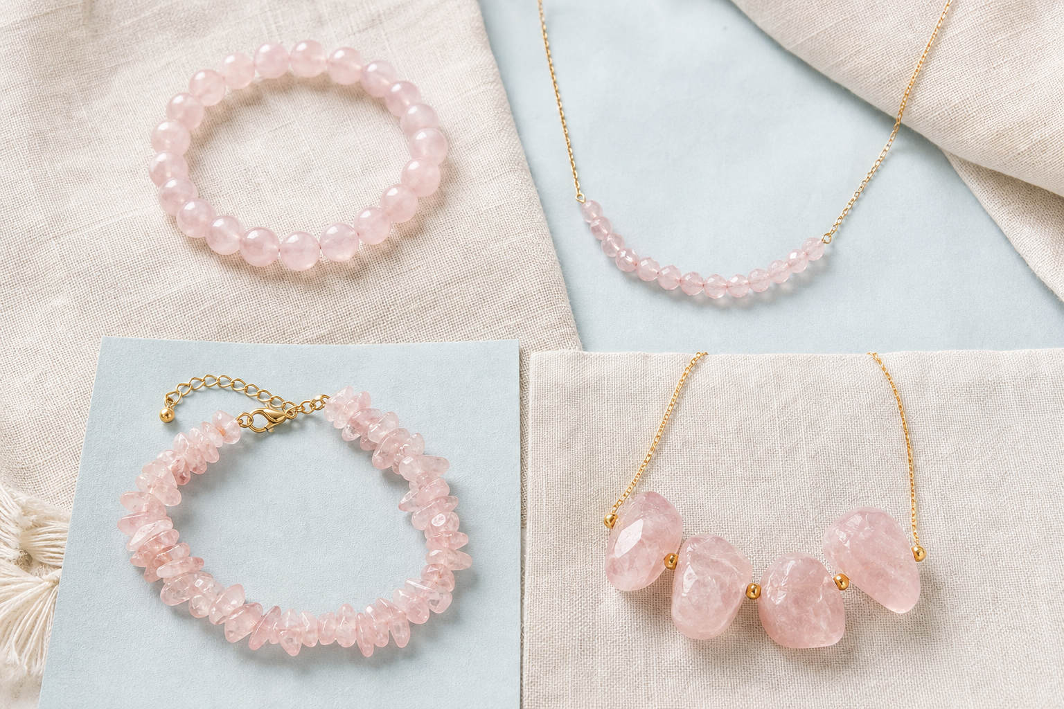Bracelets et colliers en quartz rose pâle, avec perles rondes, chips et pierres polies