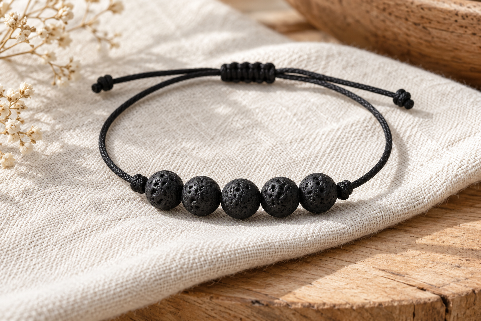 Bracelet de lave sur cordon noir avec fermeture coulissante, illustration.