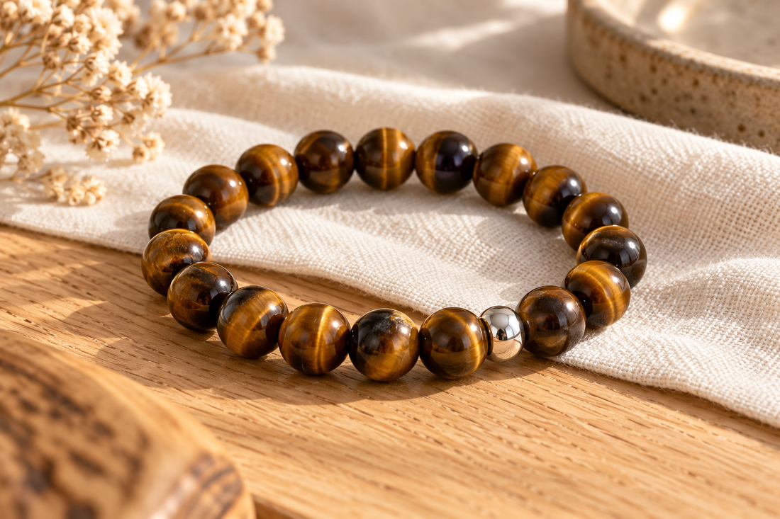 Bracelet œil de tigre avec une finition métallique masquant la jonction, illustration.