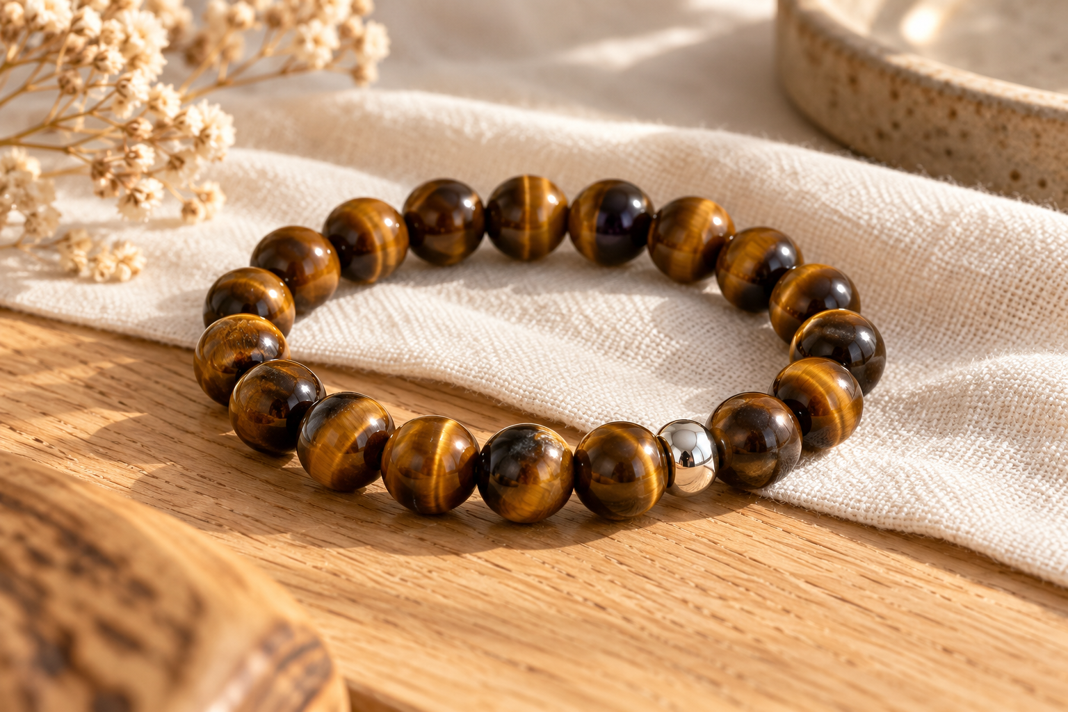 Bracelet œil de tigre avec une finition métallique masquant la jonction, illustration.