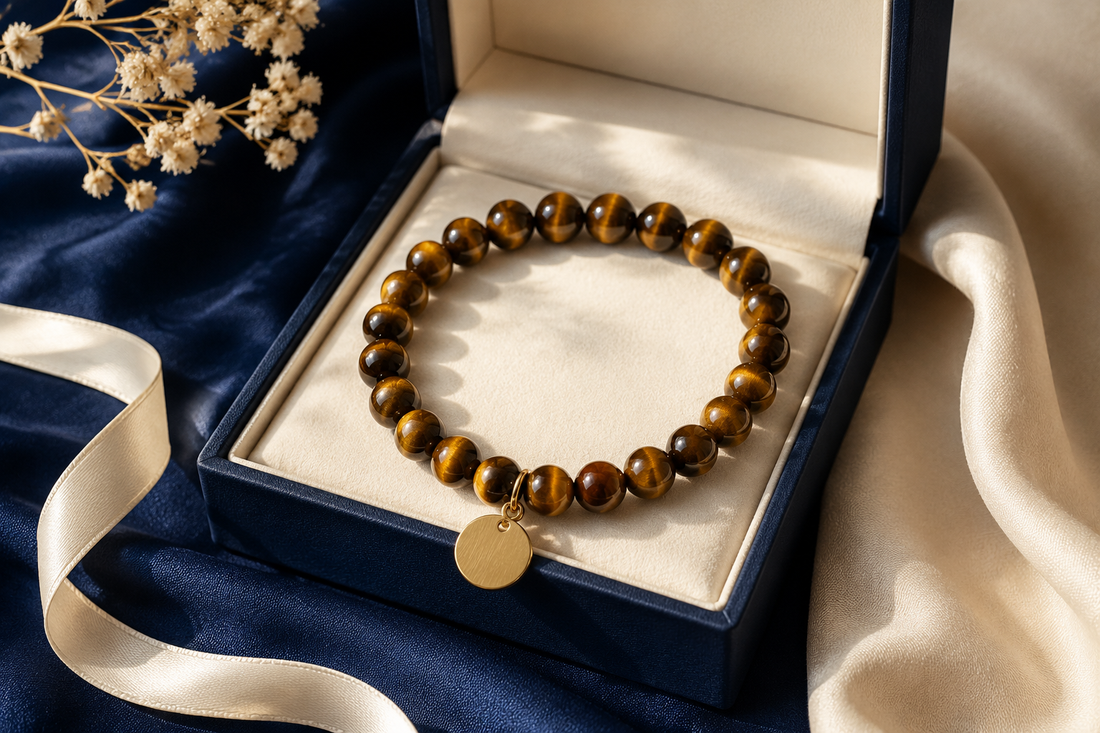 Bracelet œil de tigre personnalisé avec médaillon vierge dans un coffret cadeau