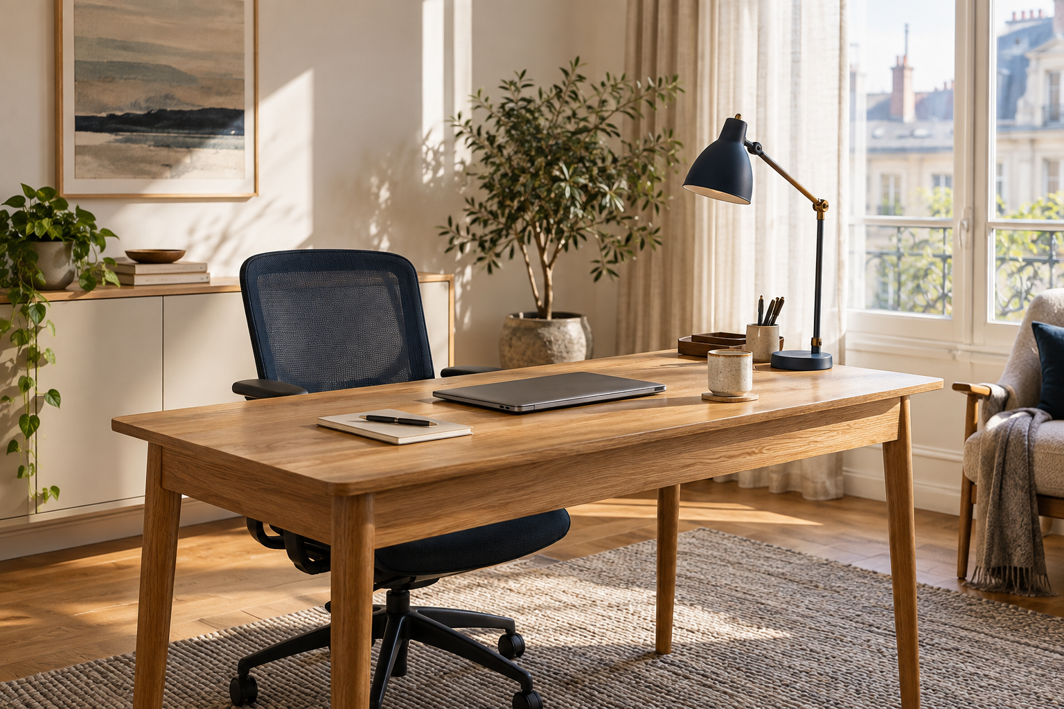 Bureau à domicile sobre, lumineux et fonctionnel avec mobilier en bois
