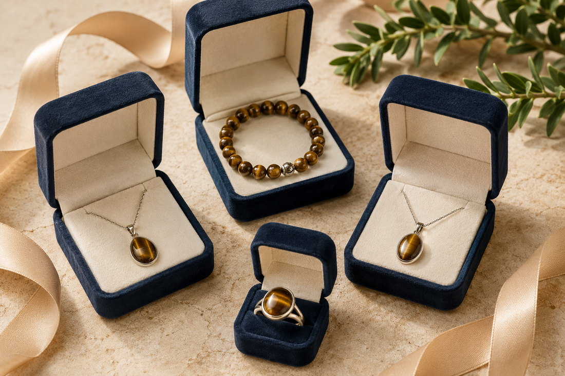 Sélection de bijoux en œil de tigre présentés dans des écrins cadeaux