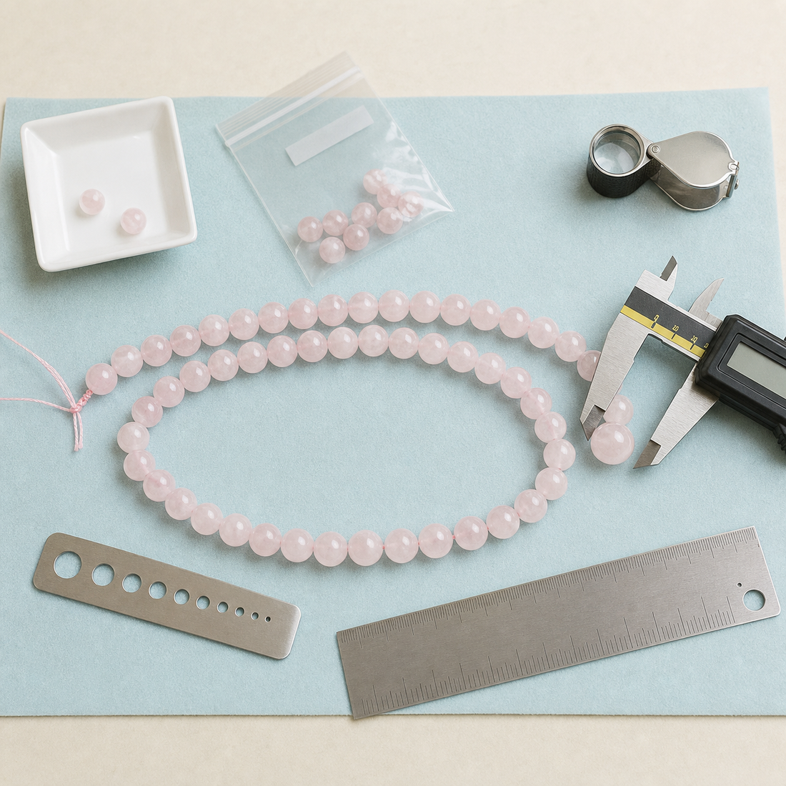 Atelier de contrôle d’un fil de perles en quartz rose avec pied à coulisse et loupe