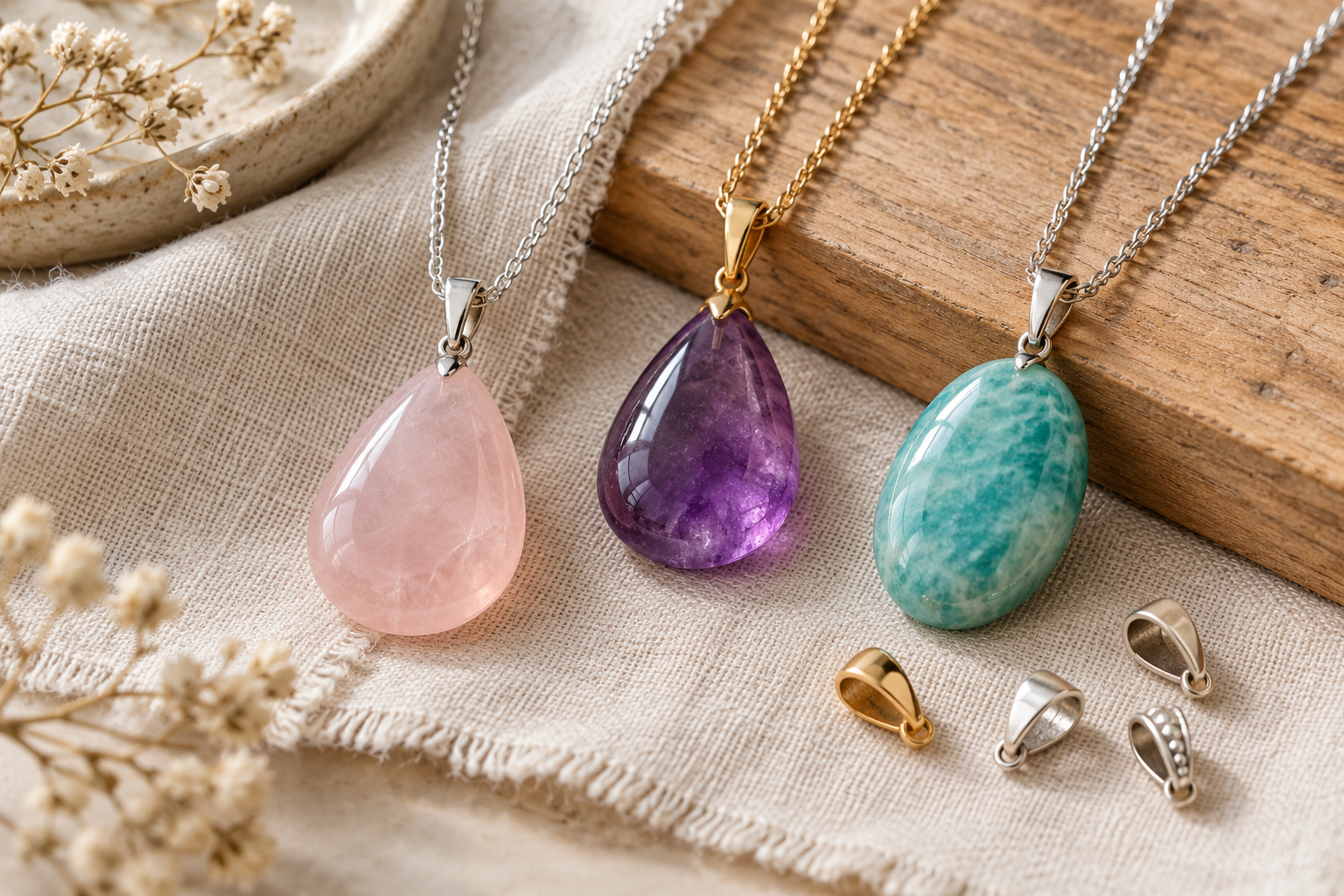 Pendentifs en pierres naturelles avec différentes bélières, illustration.