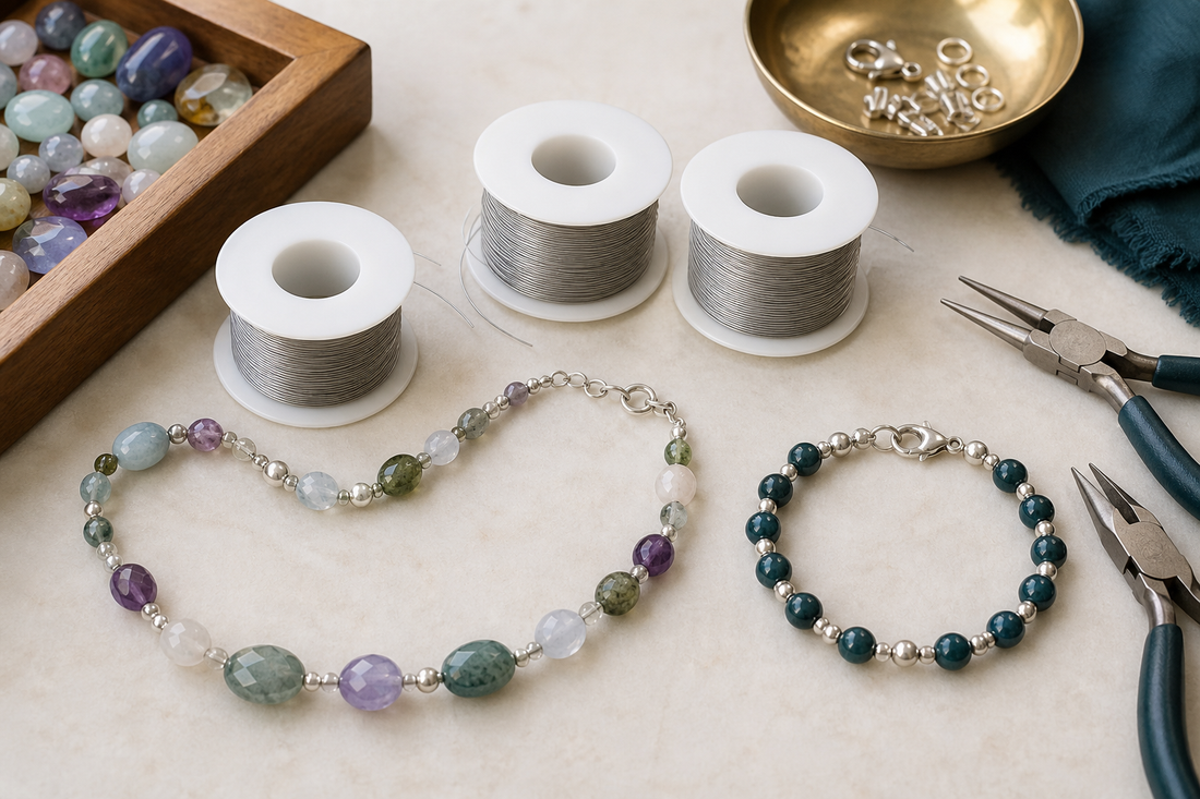 Fils câblés de bijouterie, collier et bracelet en pierres naturelles sur un établi