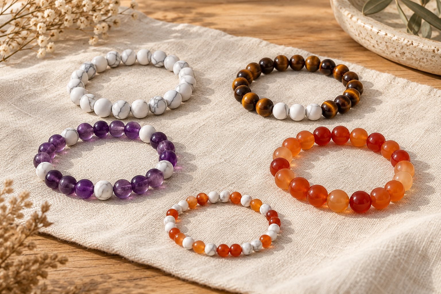 Cinq idées de bracelets en pierres naturelles sans fermoir, illustration.