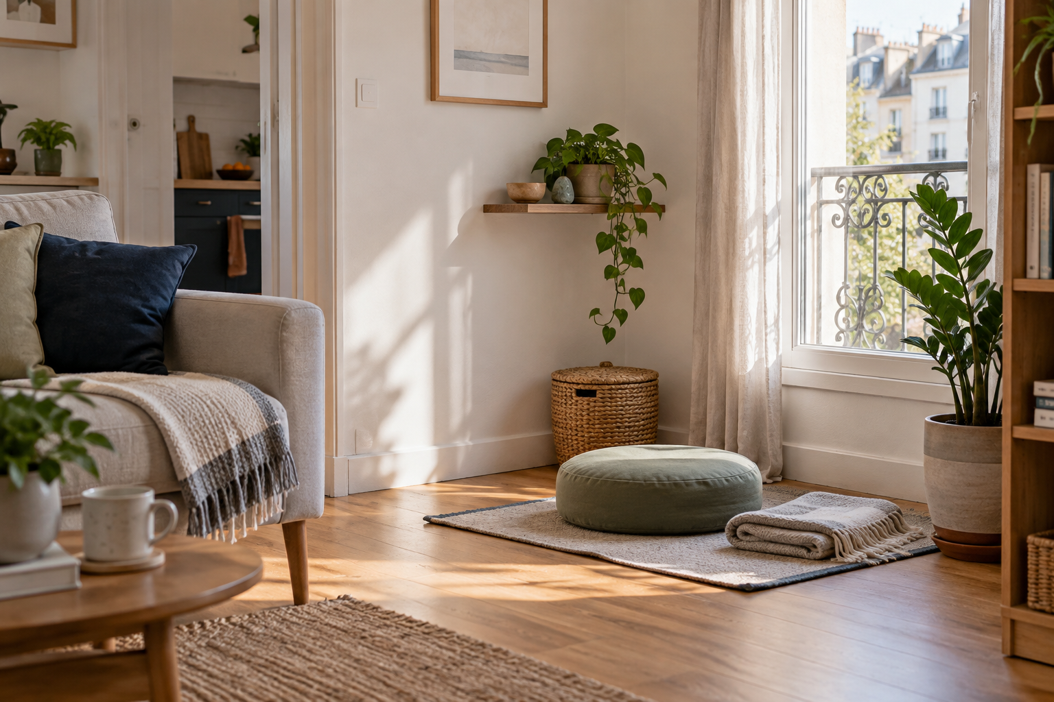 Coin méditation compact aménagé près d’une fenêtre