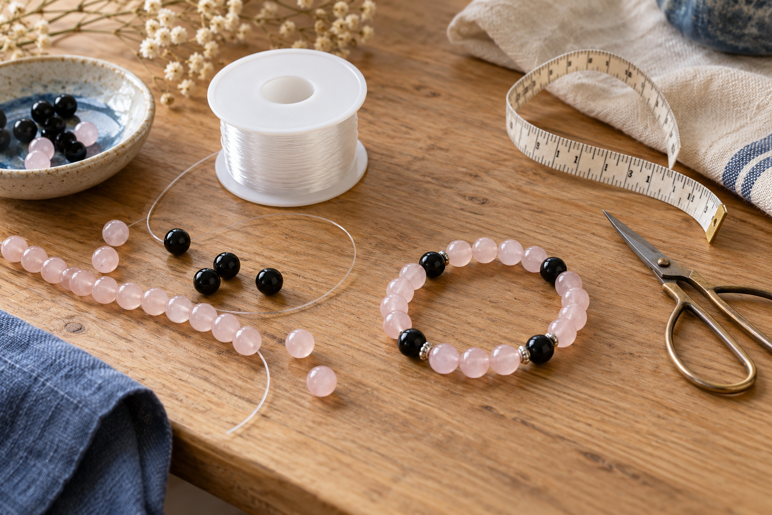 Atelier de création de bracelet avec fil élastique et perles roses et noires
