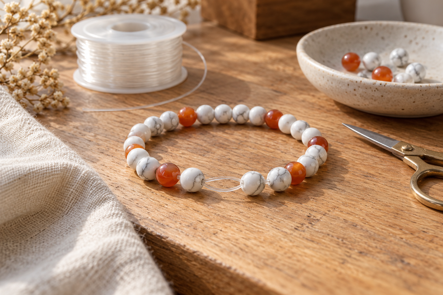 Bracelet de perles blanches et orange avec du fil élastique devenu lâche