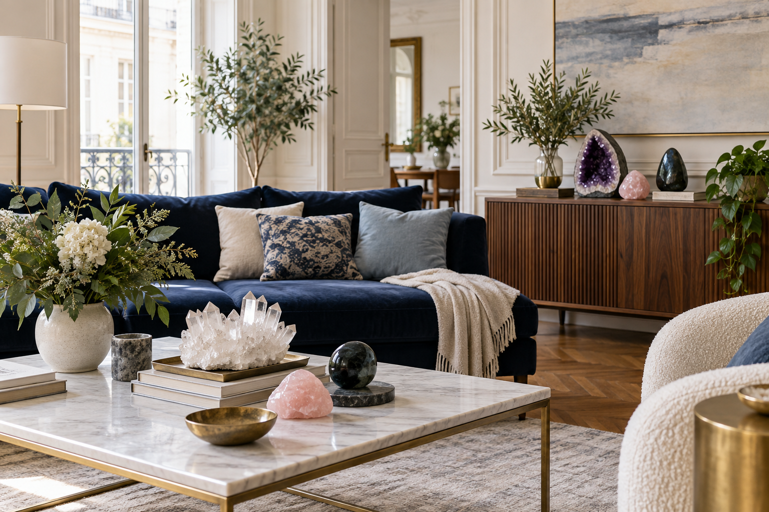 Cristaux décoratifs disposés dans un salon contemporain