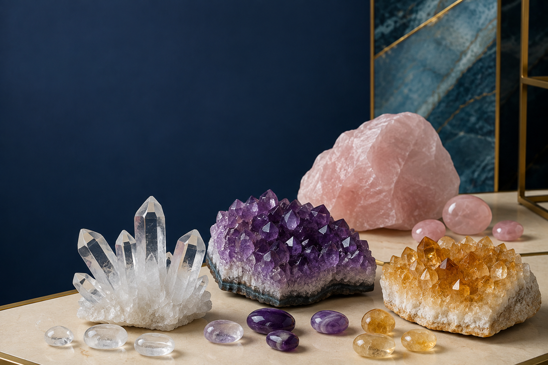 Améthyste, citrine, quartz rose et cristal de roche réunis
