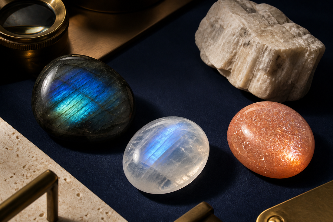 Labradorite aux reflets bleus, pierre de lune blanche et pierre de soleil cuivrée présentées ensemble