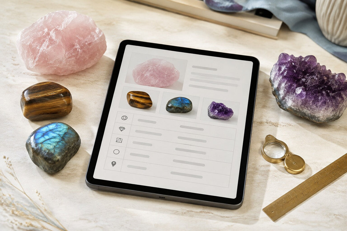 Pierres naturelles et fiche produit consultée sur une tablette avant achat