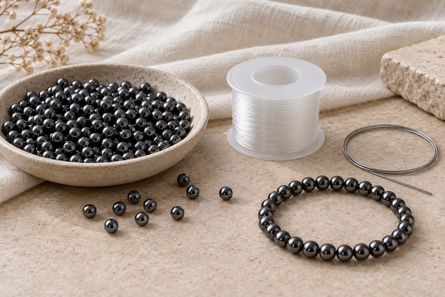 Perles d’hématite et supports de montage distincts, illustration.