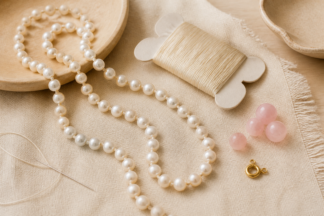 Collier de perles de culture noué sur fil de soie avec bobine, aiguille et fermoir