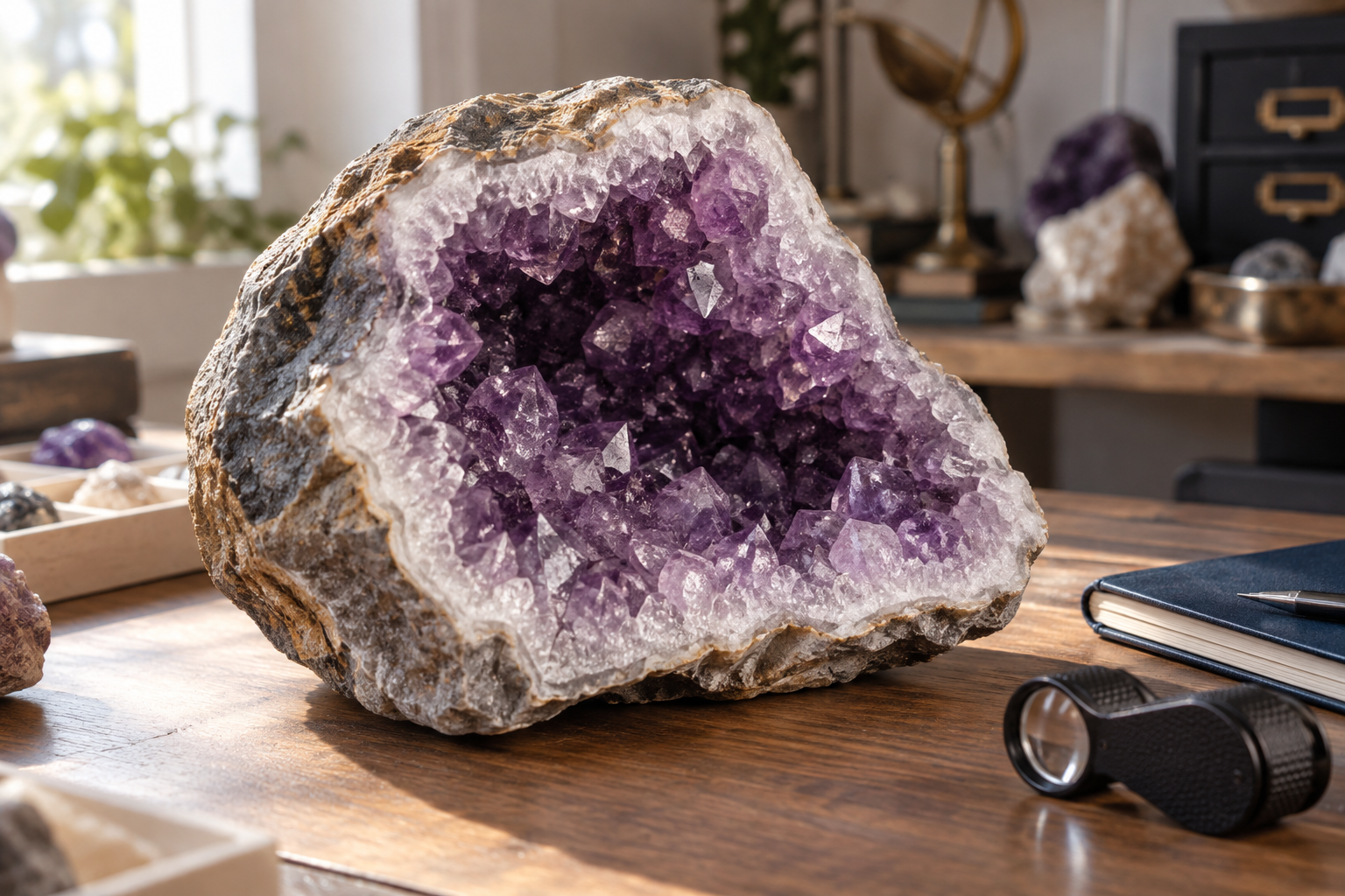 Géode d’améthyste ouverte avec matrice rocheuse et cristaux violets