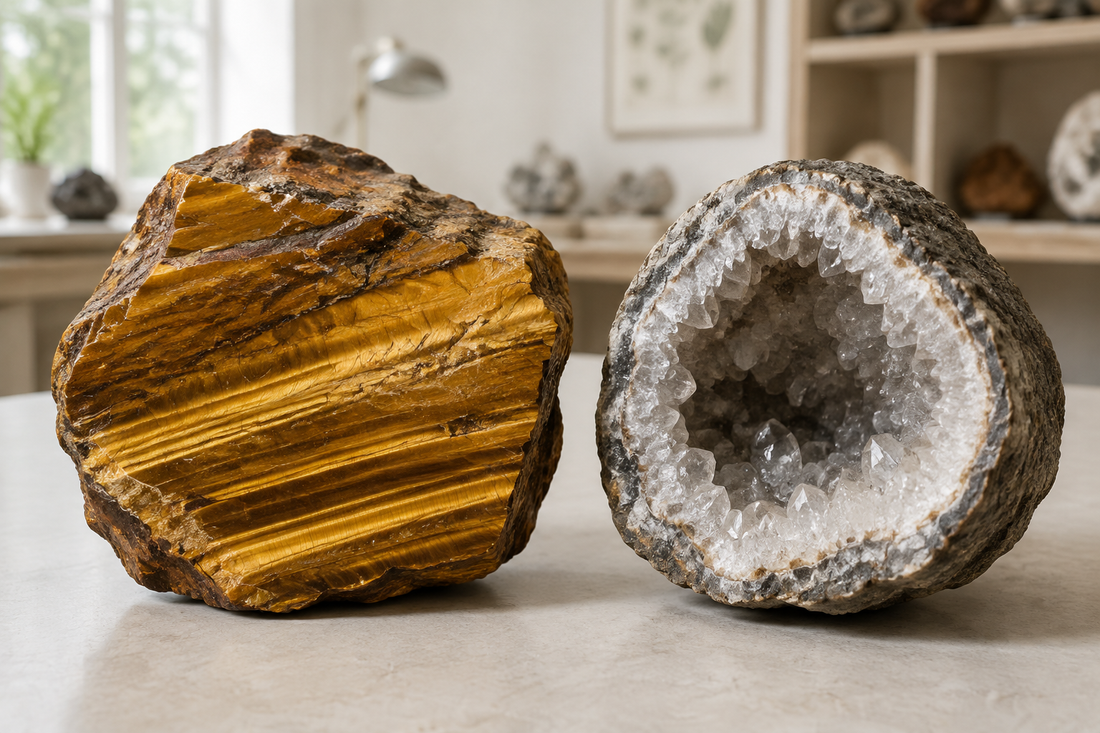 Bloc massif d’œil de tigre comparé à une véritable géode de quartz creuse