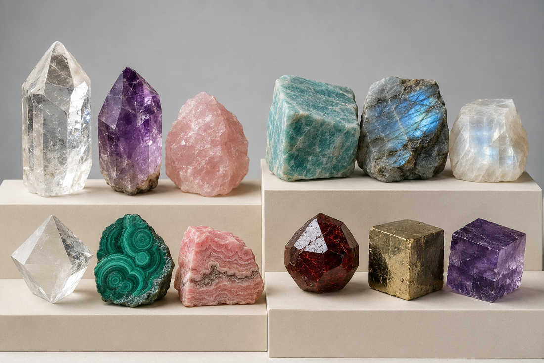 Quartz, feldspaths, carbonates et autres familles de minéraux présentés sur des socles