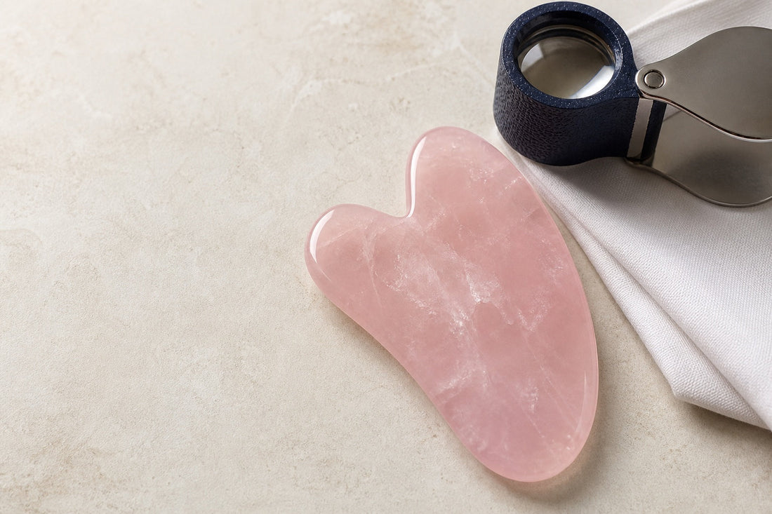 Véritable gua sha en quartz rose sur un linge clair