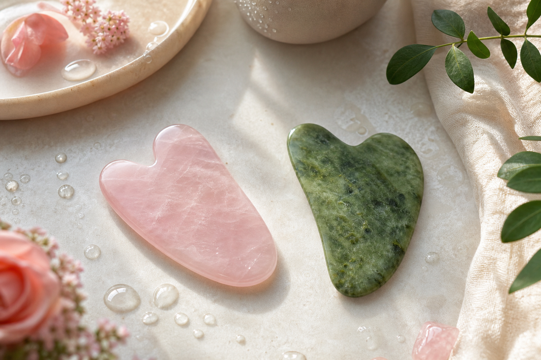 Gua sha en quartz rose et gua sha en jade présentés côte à côte