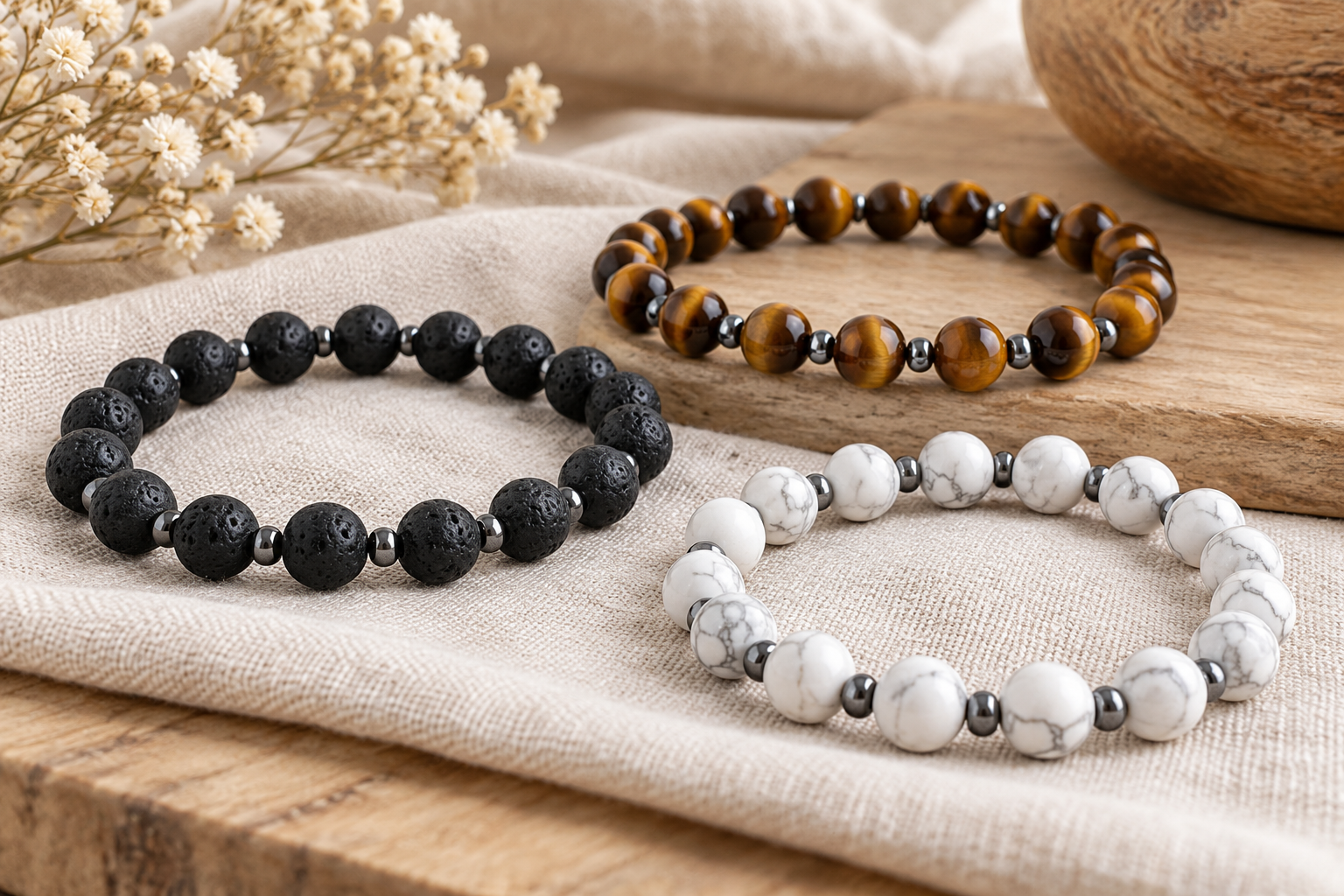 Bracelets associant petites perles d’hématite et pierres principales, illustration.