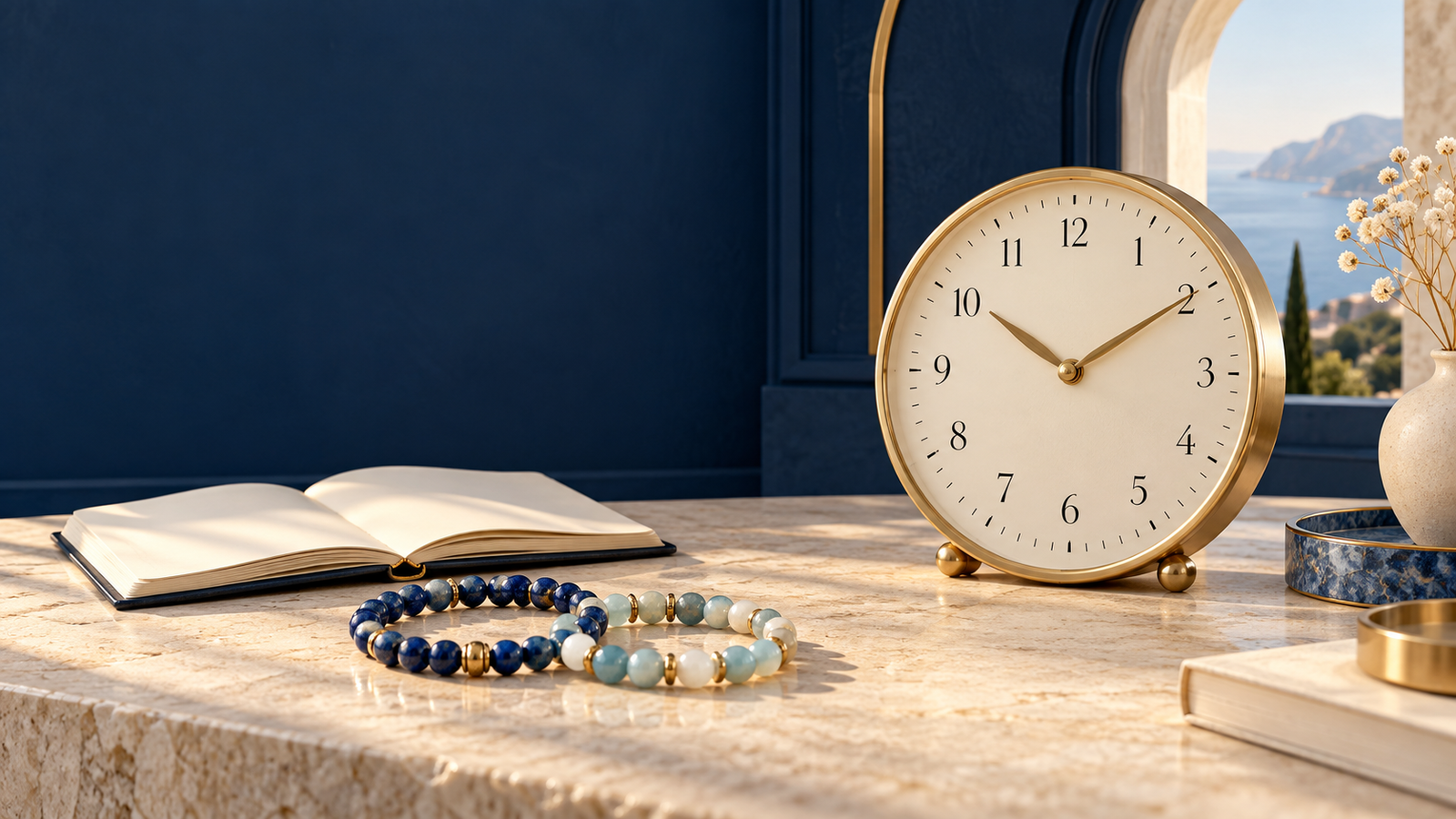 Horloge indiquant 10h10 avec bracelets en pierres naturelles