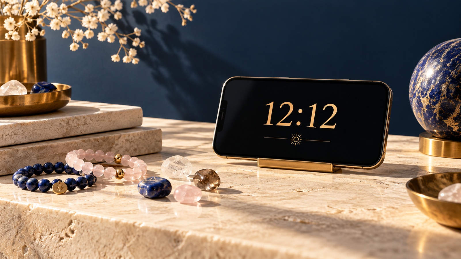 Téléphone affichant 12h12 auprès de bracelets en pierres naturelles