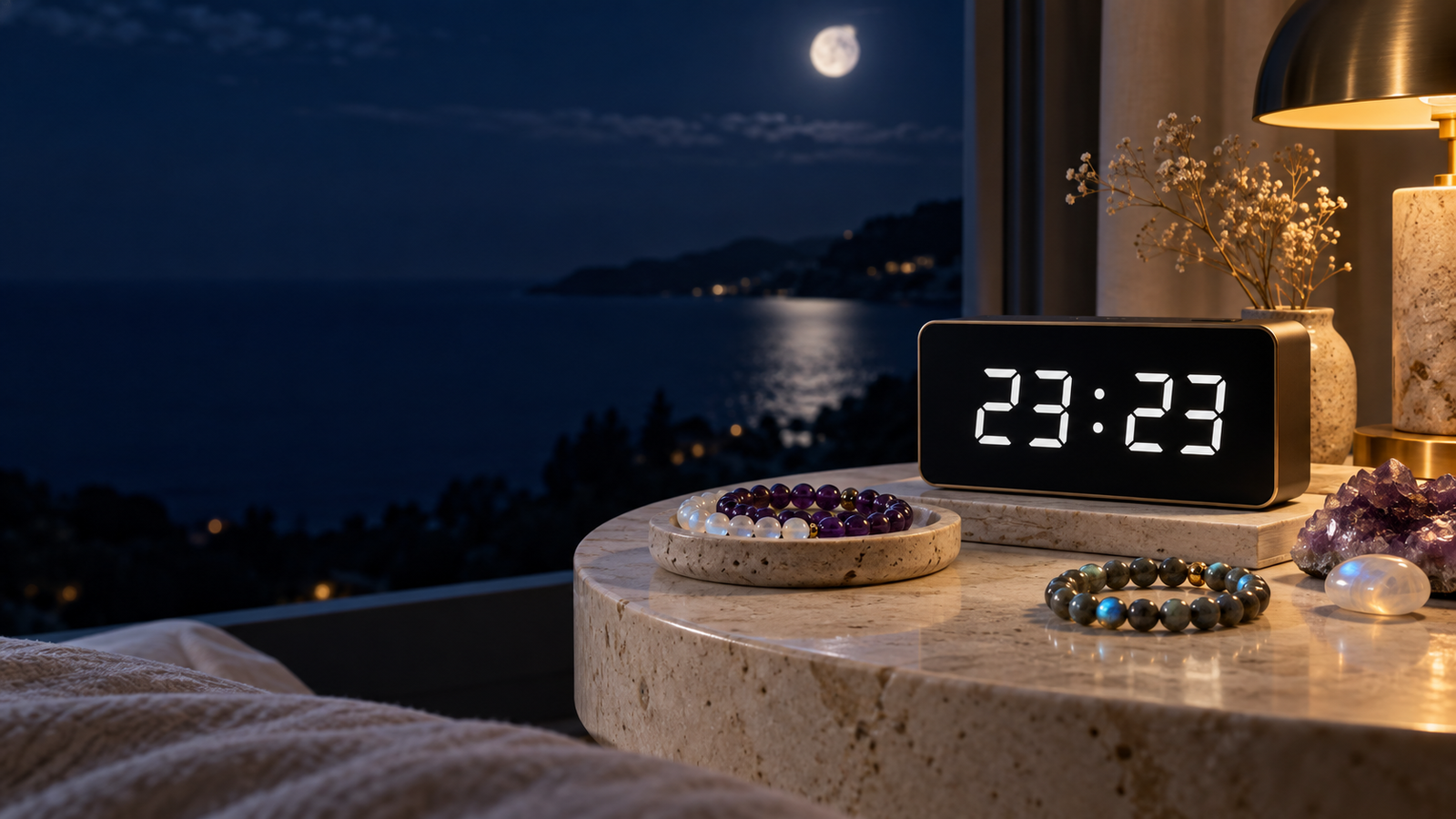Horloge numérique affichant 23h23 auprès de bracelets en pierres naturelles