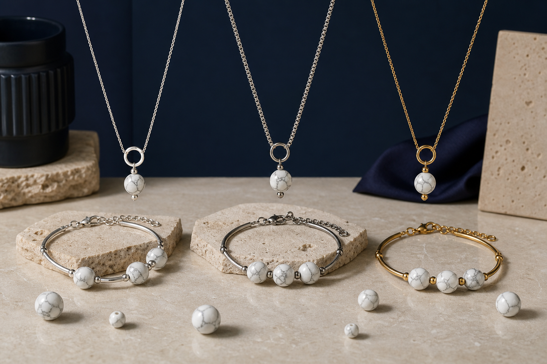 Comparaison de perles de howlite avec des apprêts en argent 925, acier inoxydable et laiton