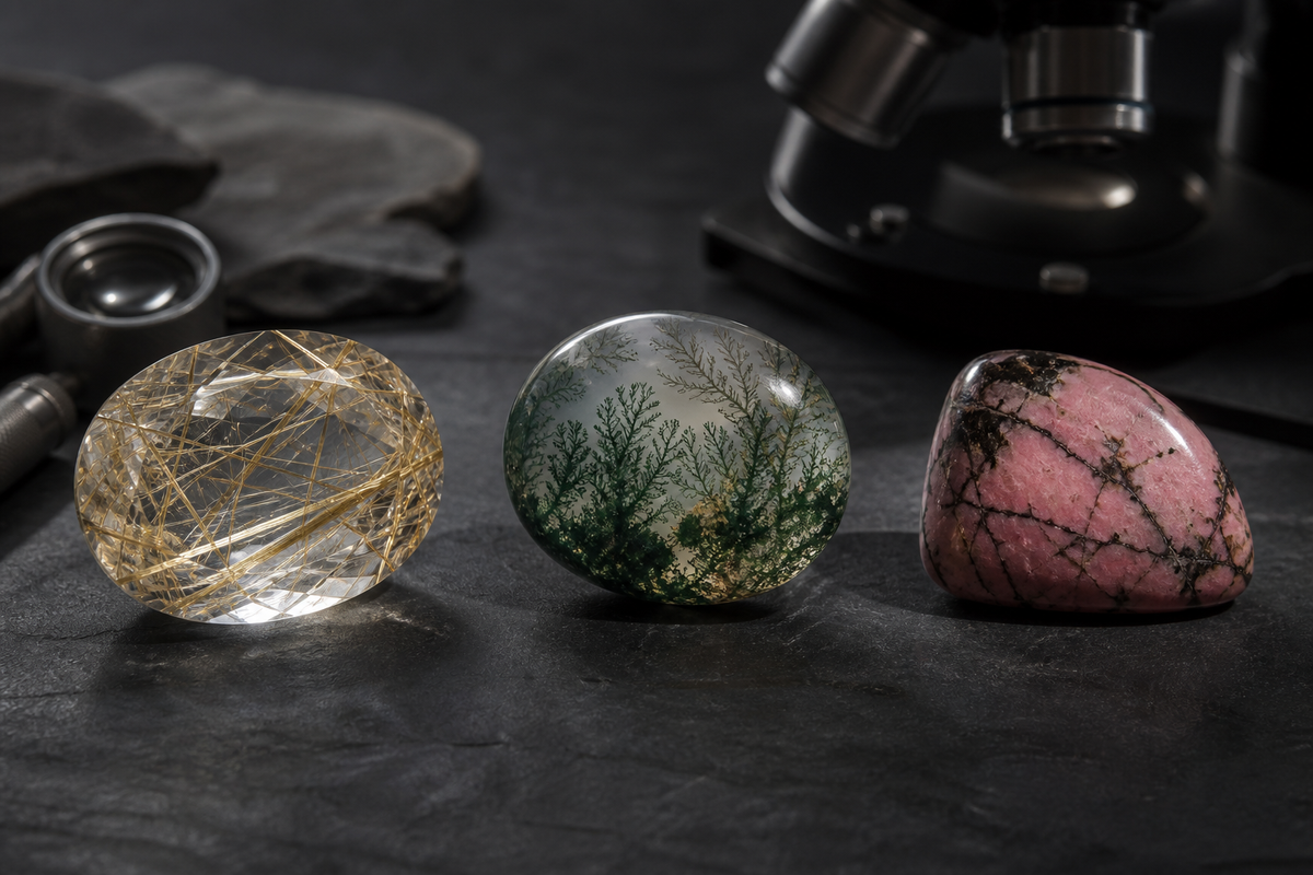 Quartz rutile, agate mousse et rhodonite montrant leurs inclusions et veines naturelles