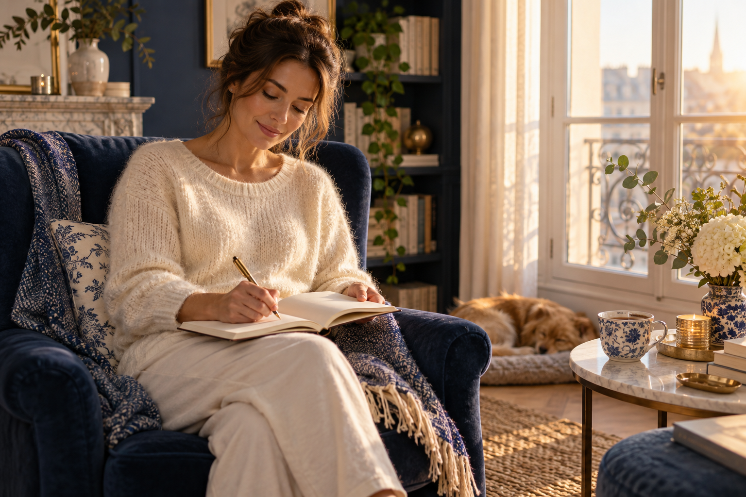 Écrire dans un journal de gratitude dans un intérieur lumineux