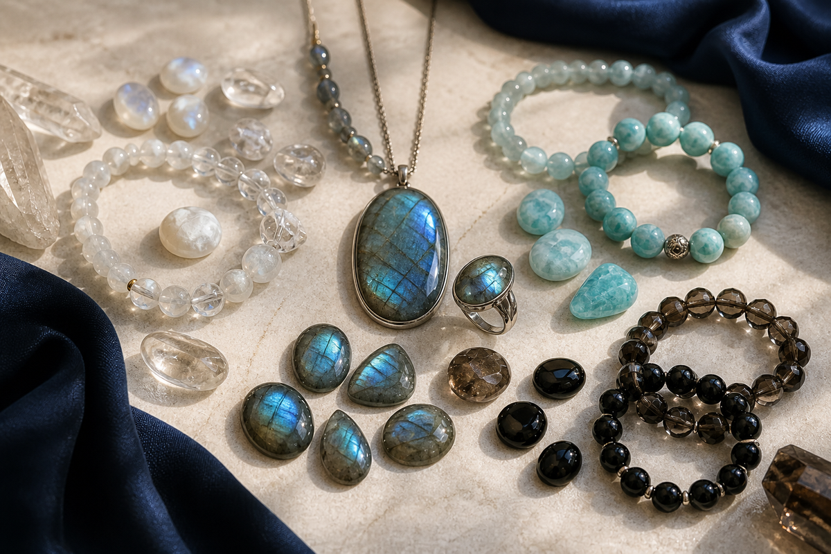 Labradorite associée à des pierres blanches, bleu-vertes, fumées et noires