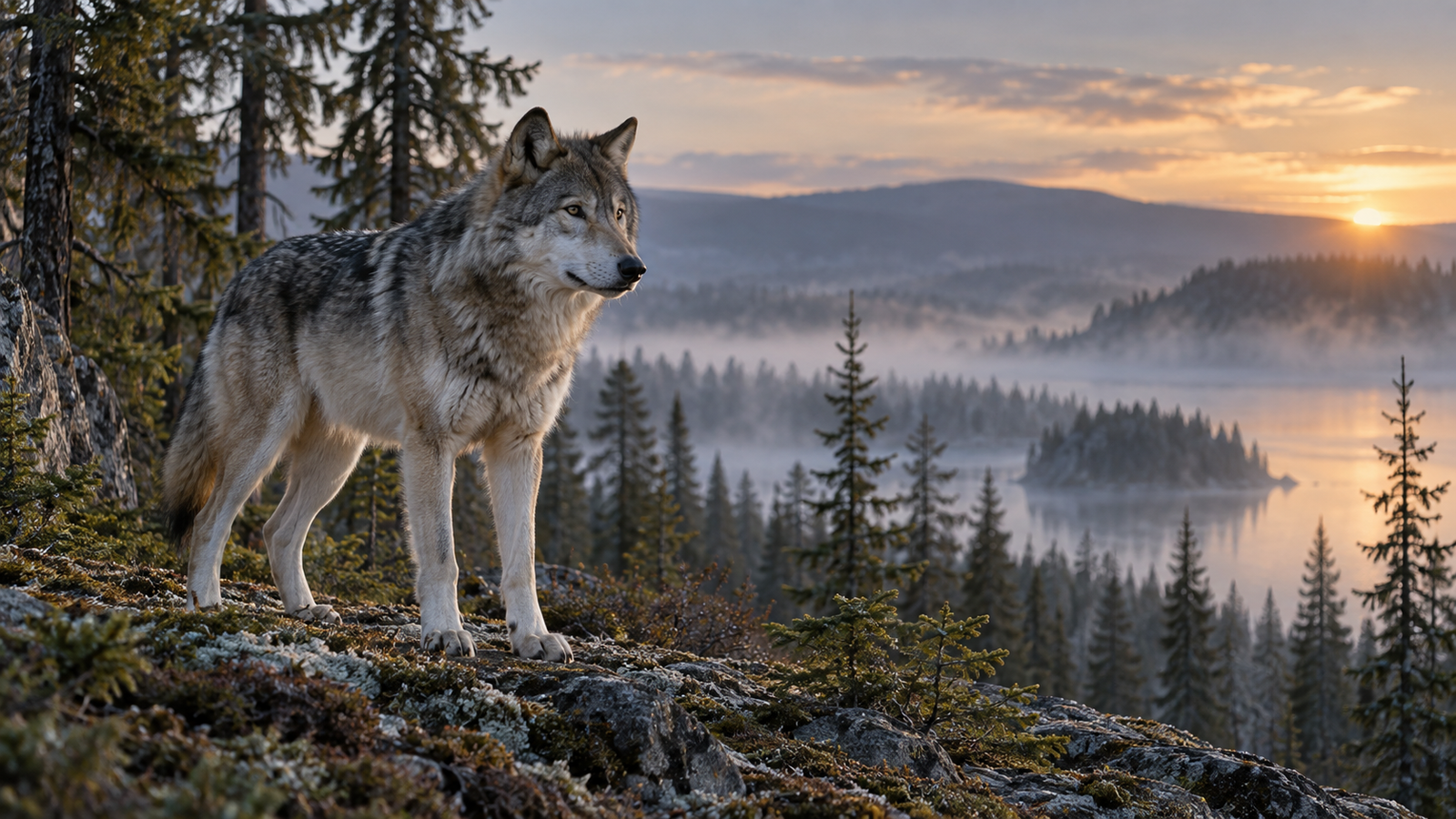 Loup gris observant son environnement dans une forêt au lever du jour