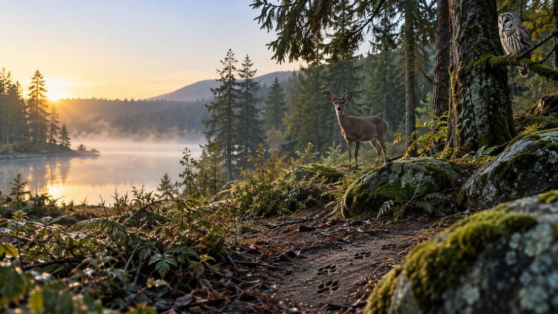 Cerf et chouette observés dans leur environnement forestier