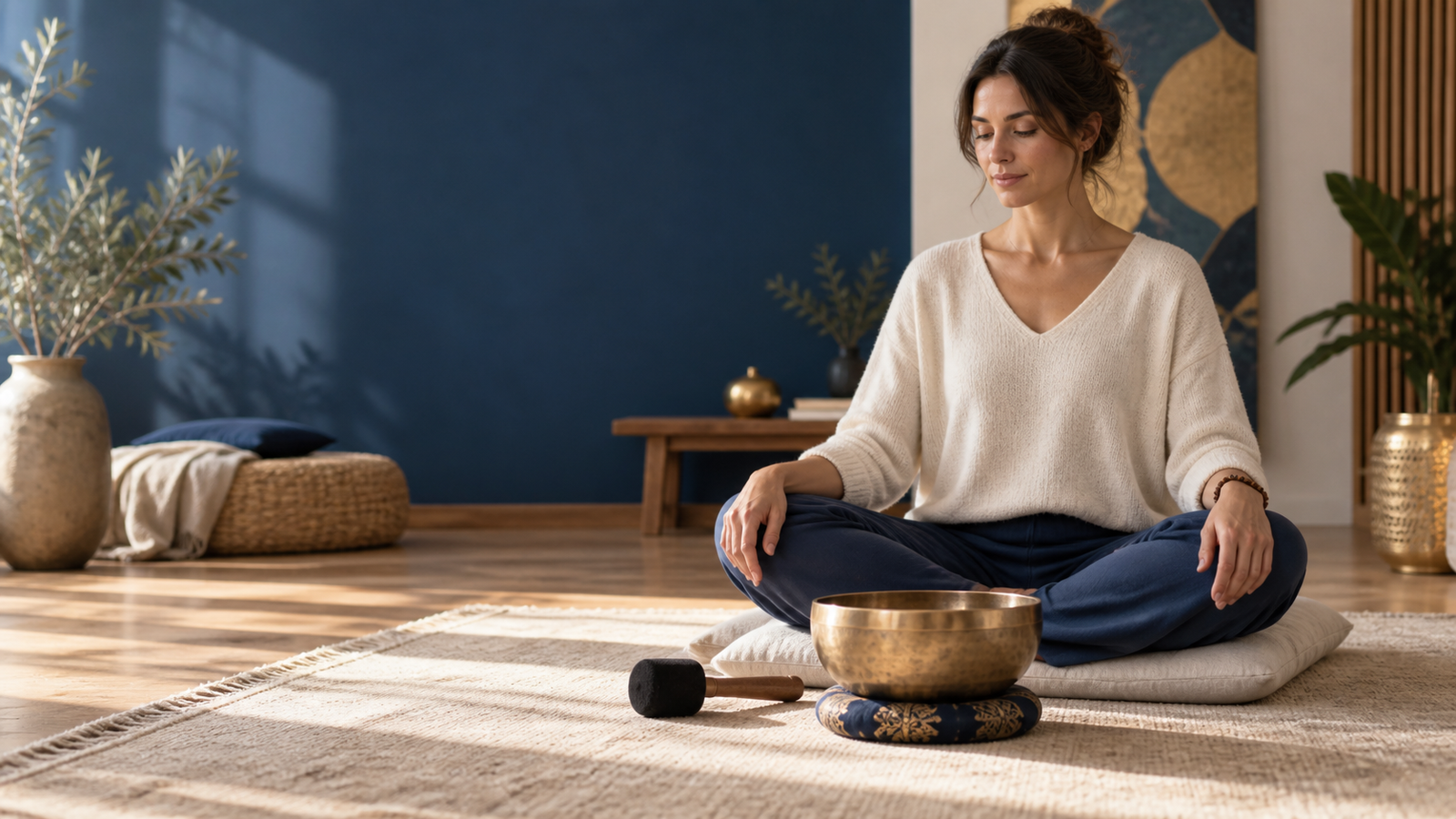 Personne assise devant un bol chantant posé sur un coussin
