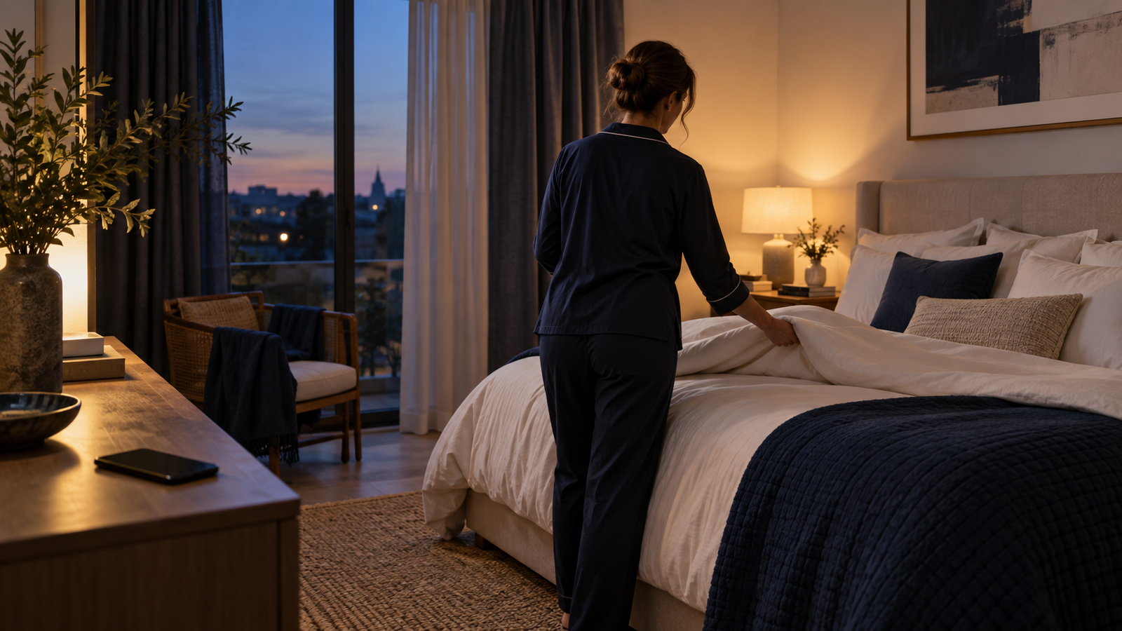 Chambre calme le soir avec lumière tamisée et téléphone posé loin du lit