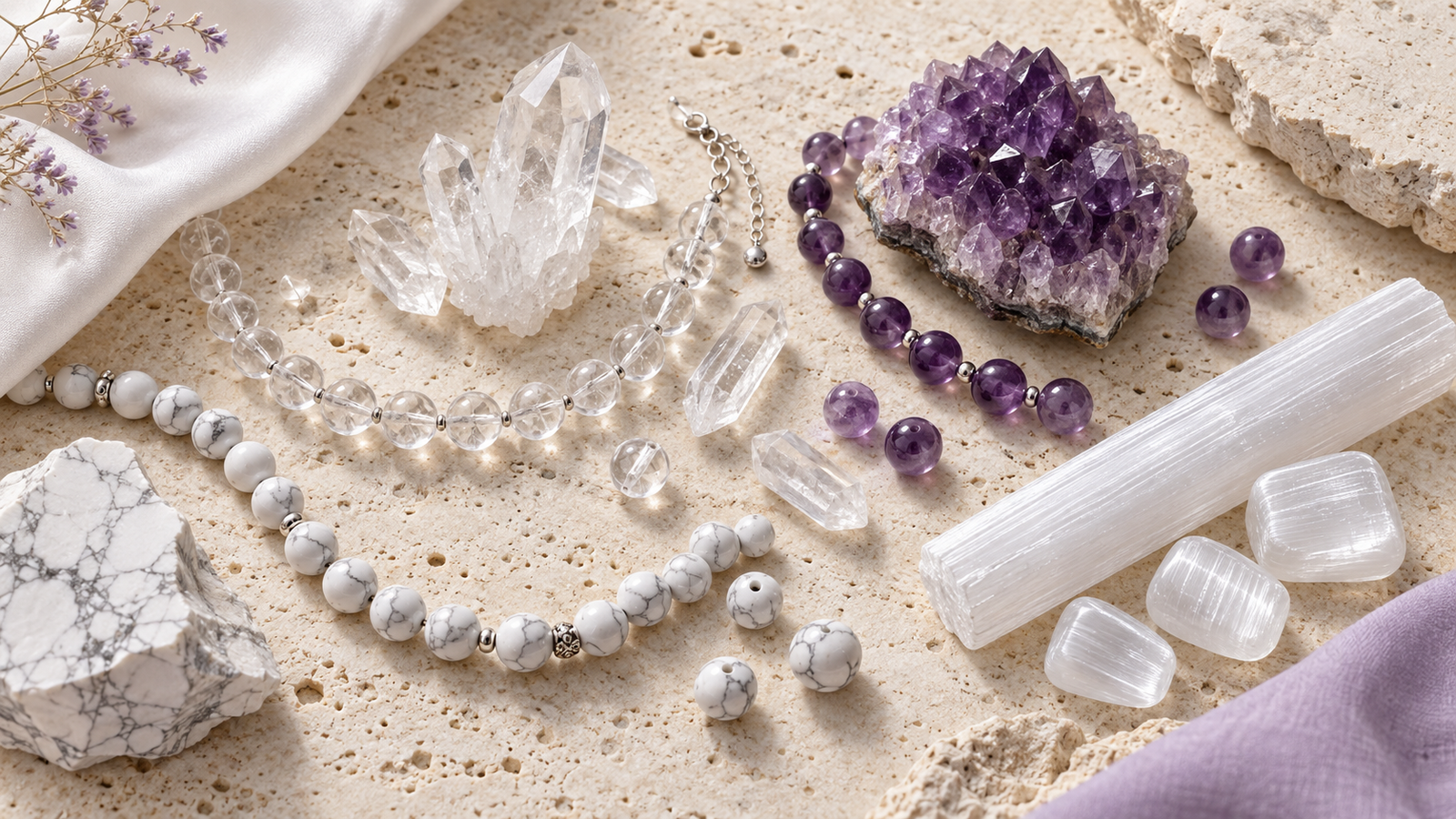Cristal de roche, améthyste, sélénite et howlite autour de bijoux blancs et violets